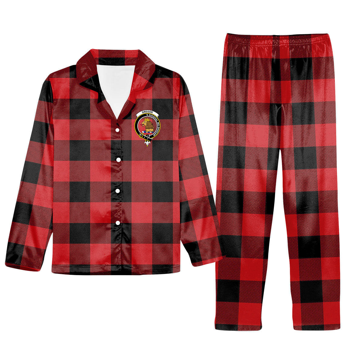 ScotsTee Shop Scottish Gregor Red & Black Modern Crest Tartan Pajama Satin Velvet Flannel Pajama Set