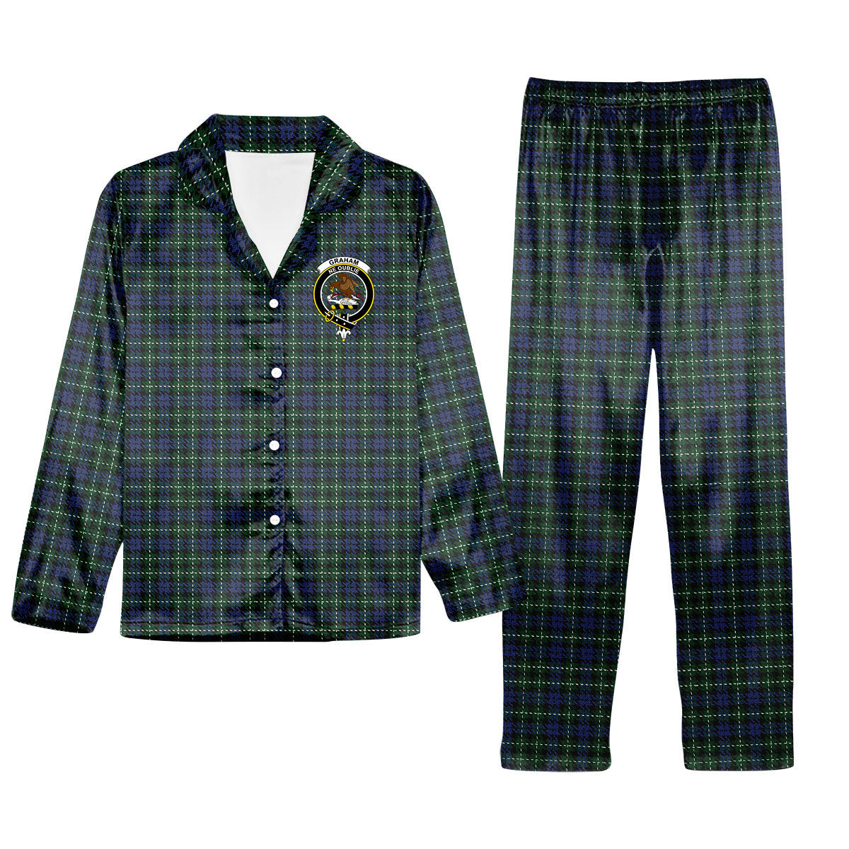 ScotsTee Shop Scottish Graham of Montrose 3 Crest Tartan Pajama Satin Velvet Flannel Pajama Set