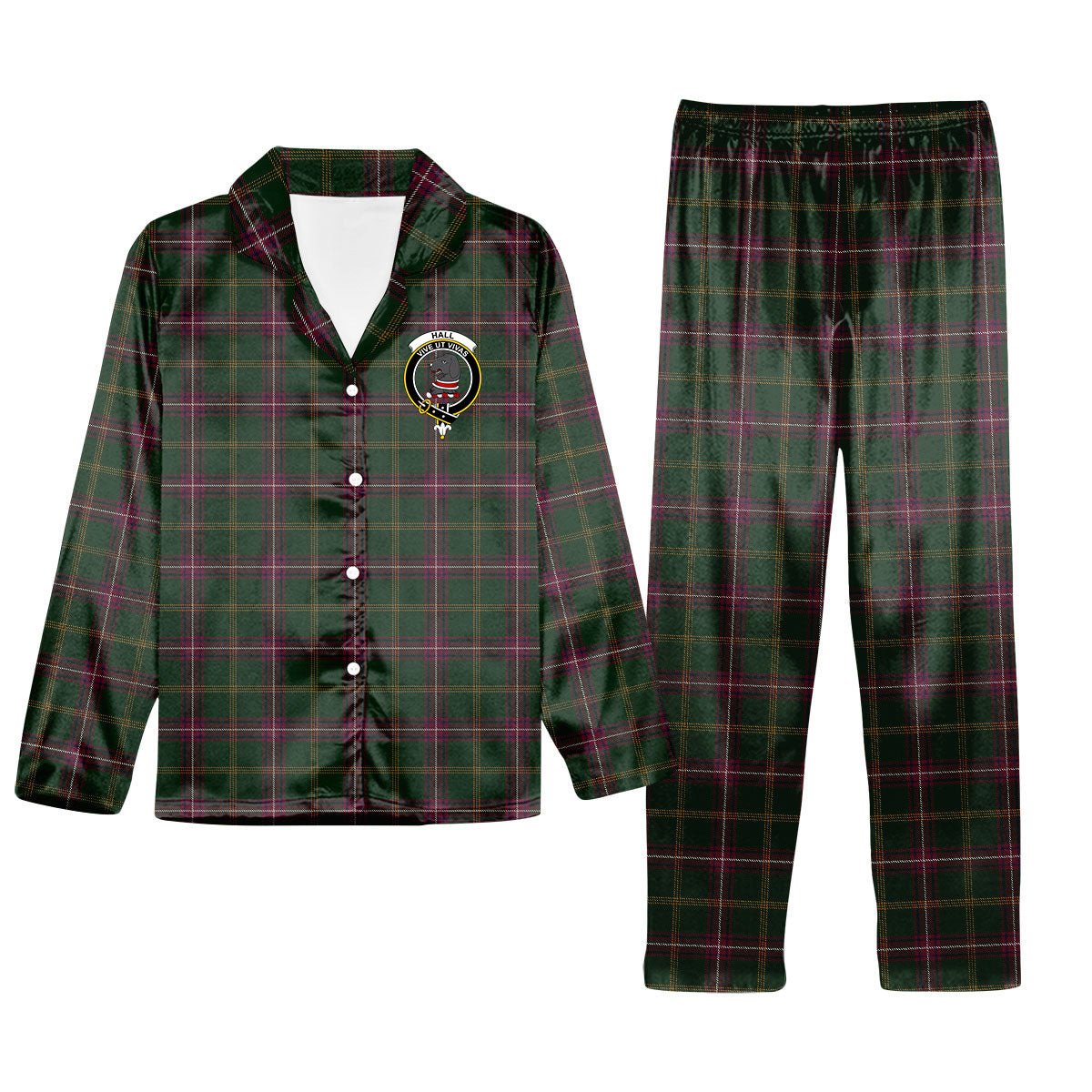 ScotsTee Shop Scottish Hall from Springbrook and Newtown Crest Tartan Pajama Satin Velvet Flannel Pajama Set