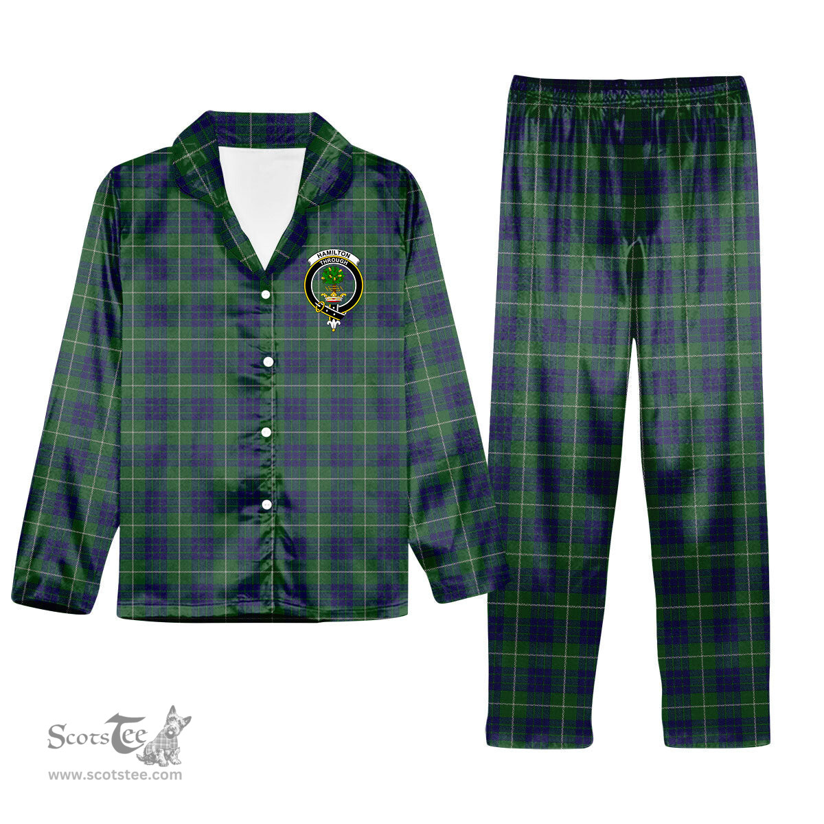 ScotsTee Shop Scottish Hamilton Green Hunting Crest Tartan Pajama Satin Velvet Flannel Pajama Set