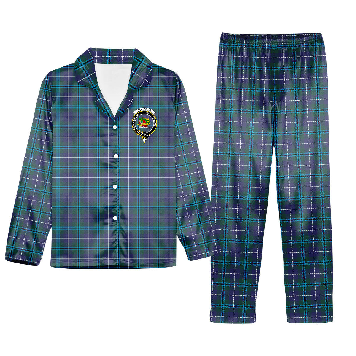 ScotsTee Shop Scottish Douglas Modern Crest Tartan Pajama Satin Velvet Flannel Pajama Set