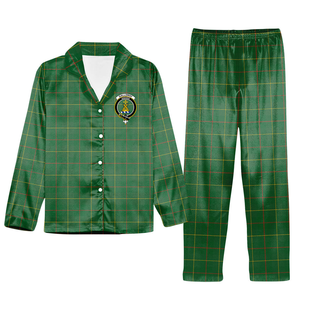 ScotsTee Shop Scottish Galloway Green Ancient Crest Tartan Pajama Satin Velvet Flannel Pajama Set