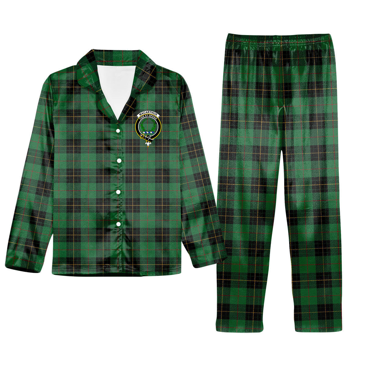 ScotsTee Shop Scottish MacArthur-Fox Hunting Ancient Crest Tartan Pajama Satin Velvet Flannel Pajama Set