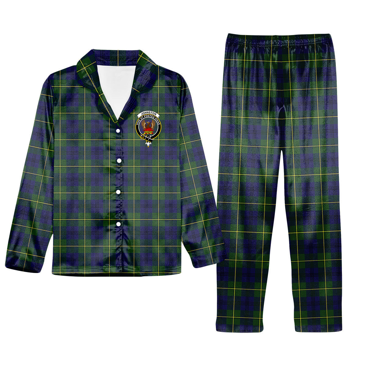 ScotsTee Shop Scottish Johnston of Caskieben Modern Crest Tartan Pajama Satin Velvet Flannel Pajama Set