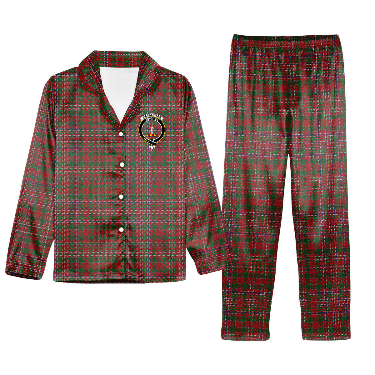 ScotsTee Shop Scottish MacAlister 1950 Crest Tartan Pajama Satin Velvet Flannel Pajama Set