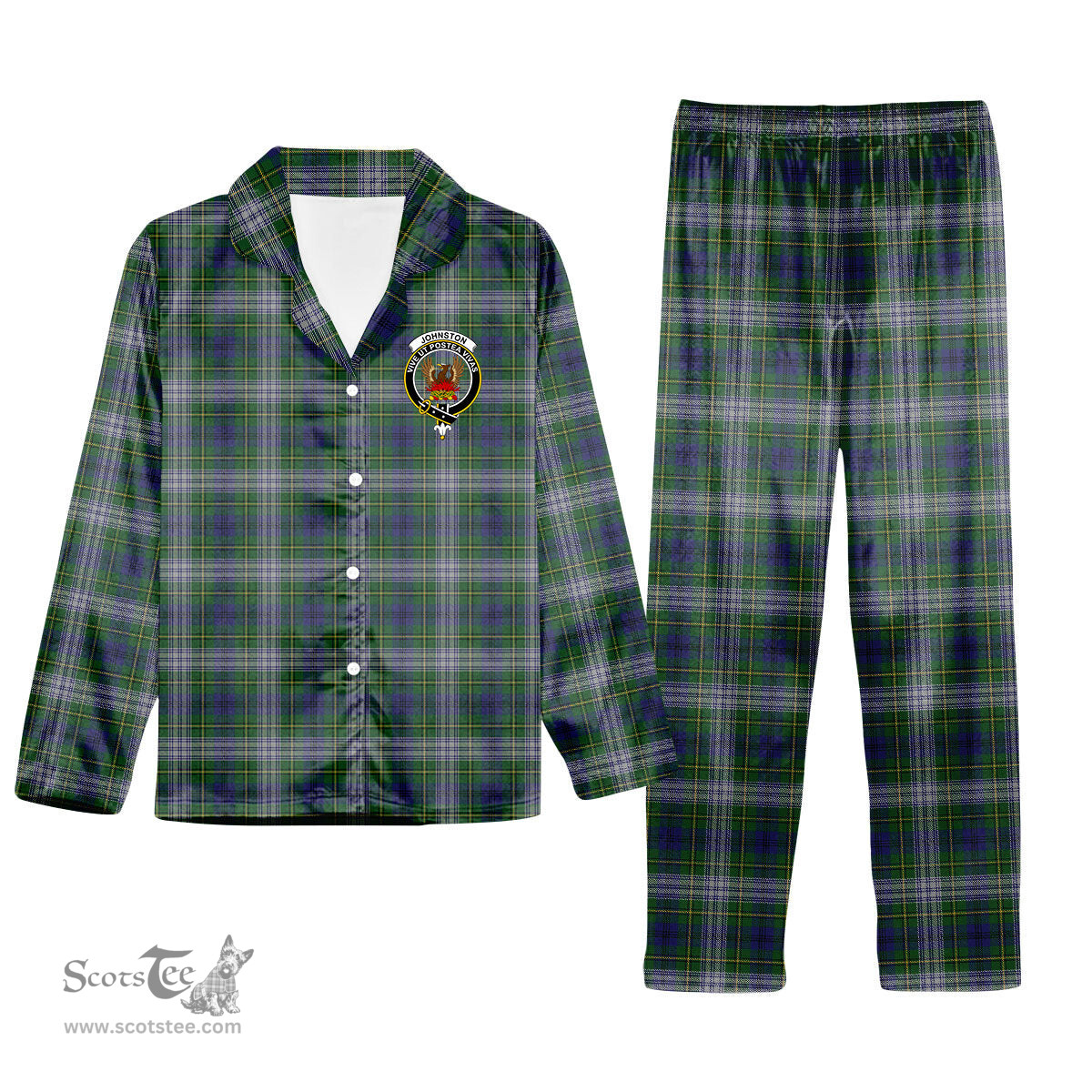 ScotsTee Shop Scottish Johnston Dress Dalgleish Crest Tartan Pajama Satin Velvet Flannel Pajama Set