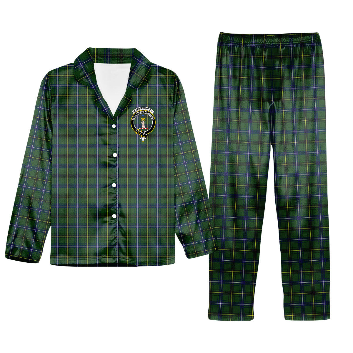 ScotsTee Shop Scottish MacKendrick Modern Crest Tartan Pajama Satin Velvet Flannel Pajama Set