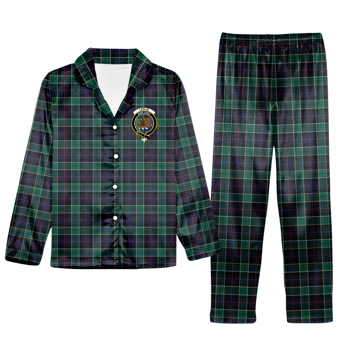 ScotsTee Shop Scottish Leslie Hunting Modern Crest Tartan Pajama Satin Velvet Flannel Pajama Set