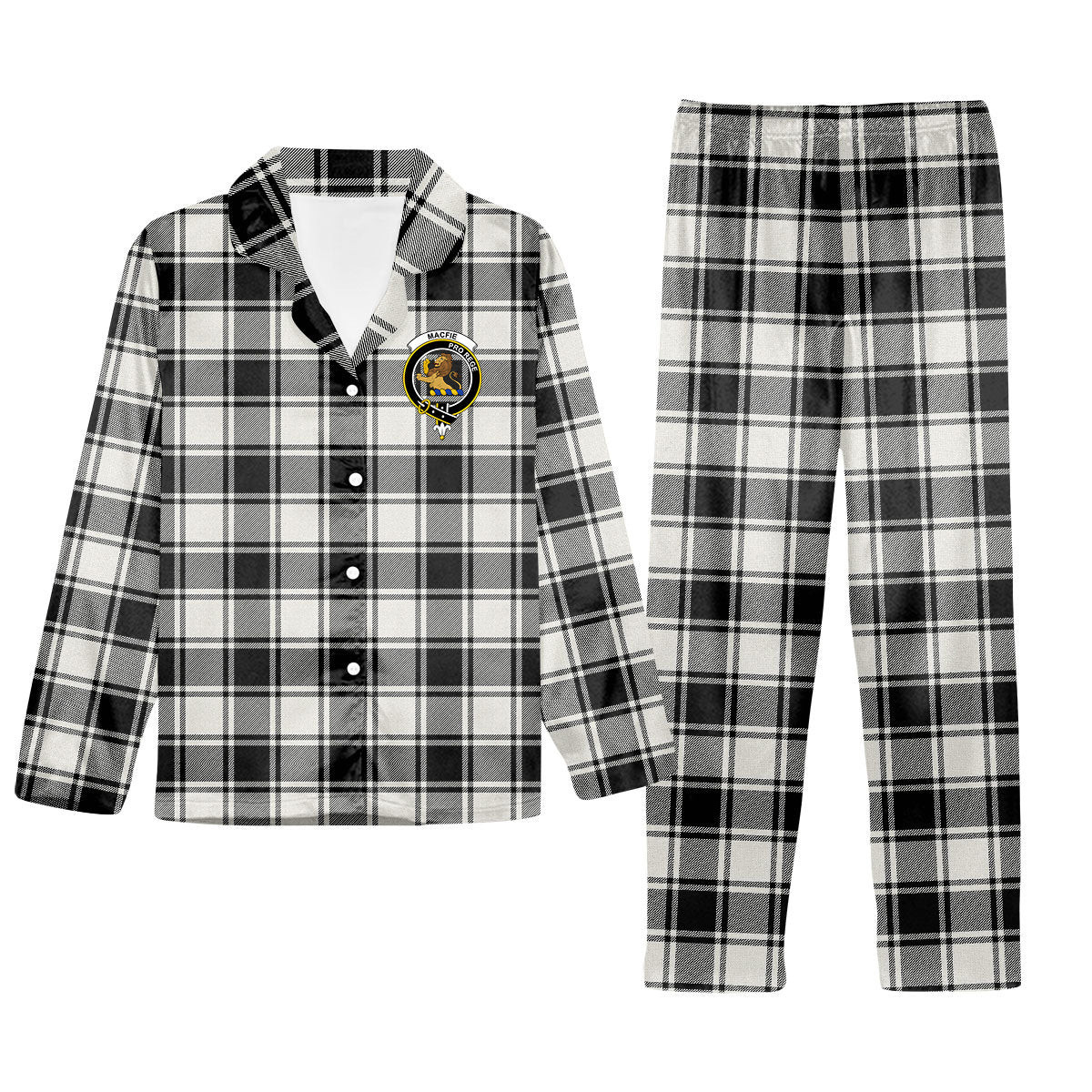 ScotsTee Shop Scottish MacFie Black & White Ancient Crest Tartan Pajama Satin Velvet Flannel Pajama Set