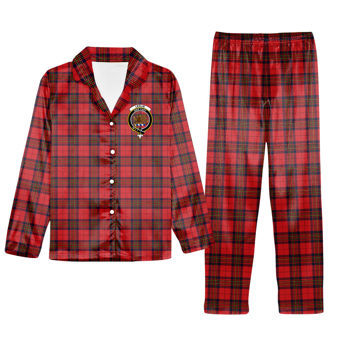 ScotsTee Shop Scottish Leslie Red Modern Crest Tartan Pajama Satin Velvet Flannel Pajama Set