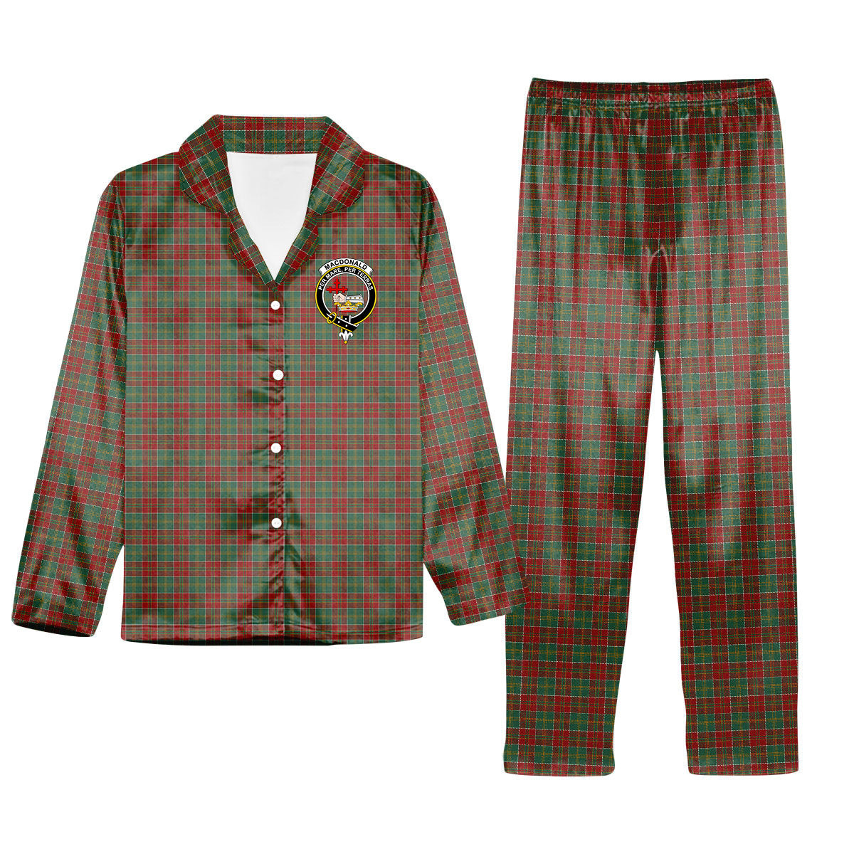 ScotsTee Shop Scottish MacDonald of Kingsburgh Crest Tartan Pajama Satin Velvet Flannel Pajama Set