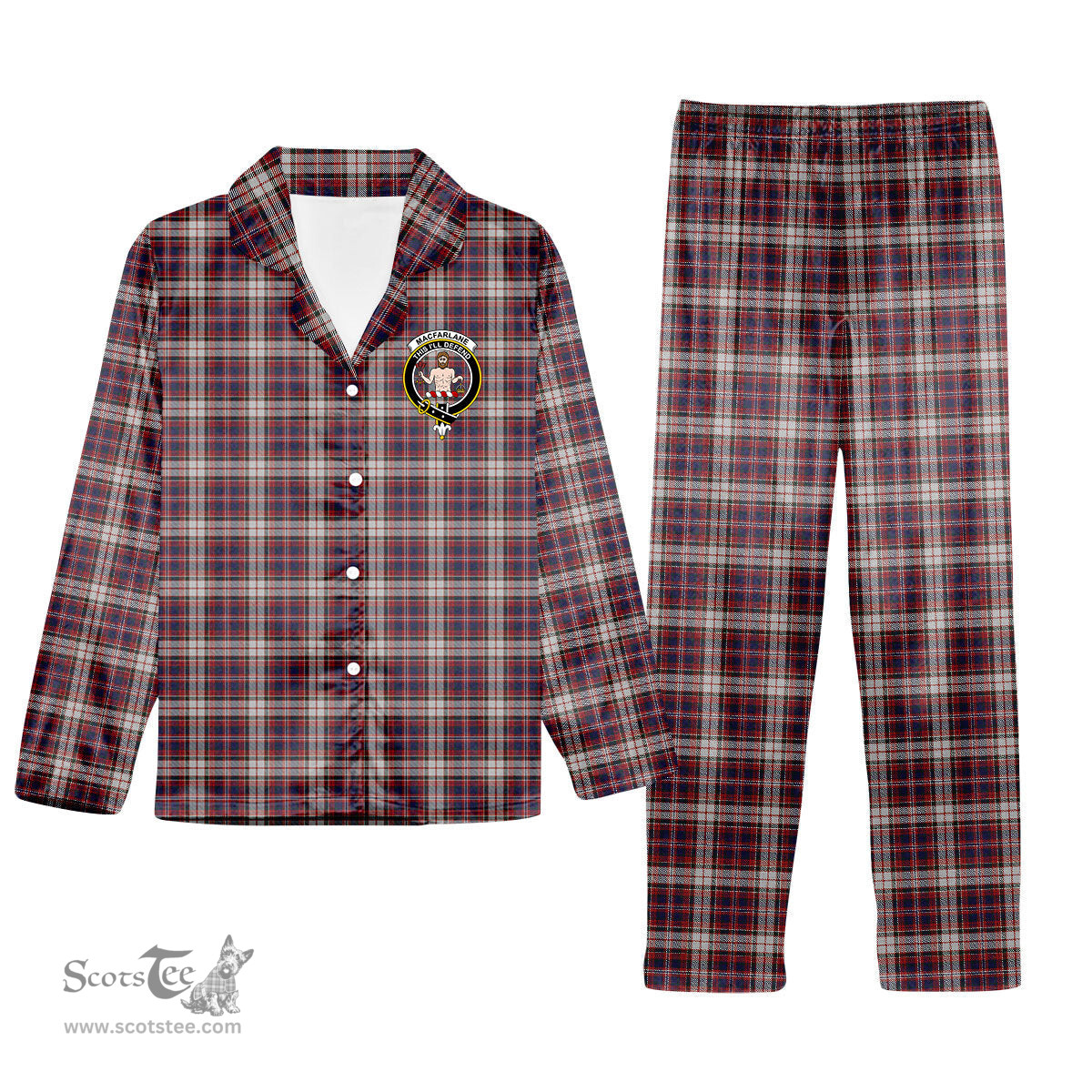 ScotsTee Shop Scottish MacFarlane Dress Crest Tartan Pajama Satin Velvet Flannel Pajama Set