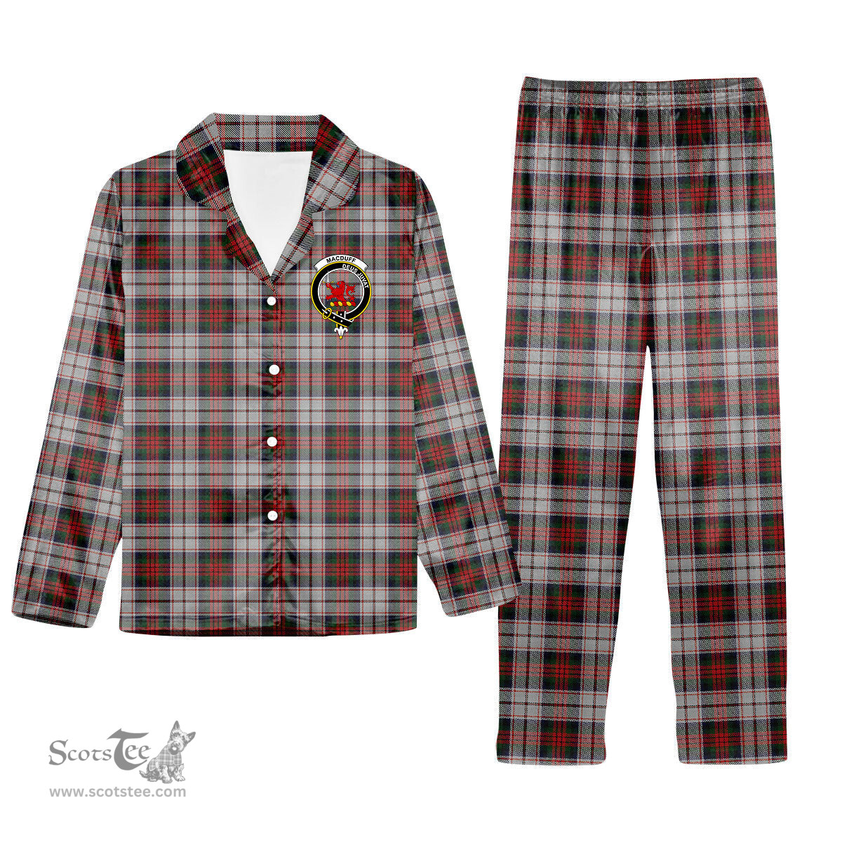 ScotsTee Shop Scottish MacDuff Dress 4 Crest Tartan Pajama Satin Velvet Flannel Pajama Set