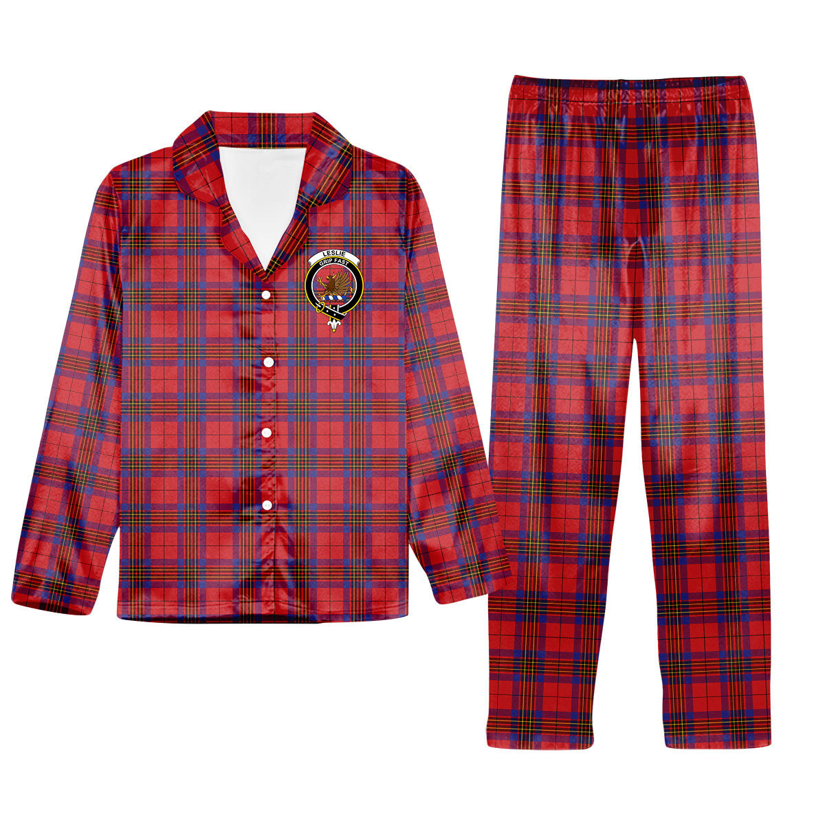 ScotsTee Shop Scottish Leslie Modern Crest Tartan Pajama Satin Velvet Flannel Pajama Set