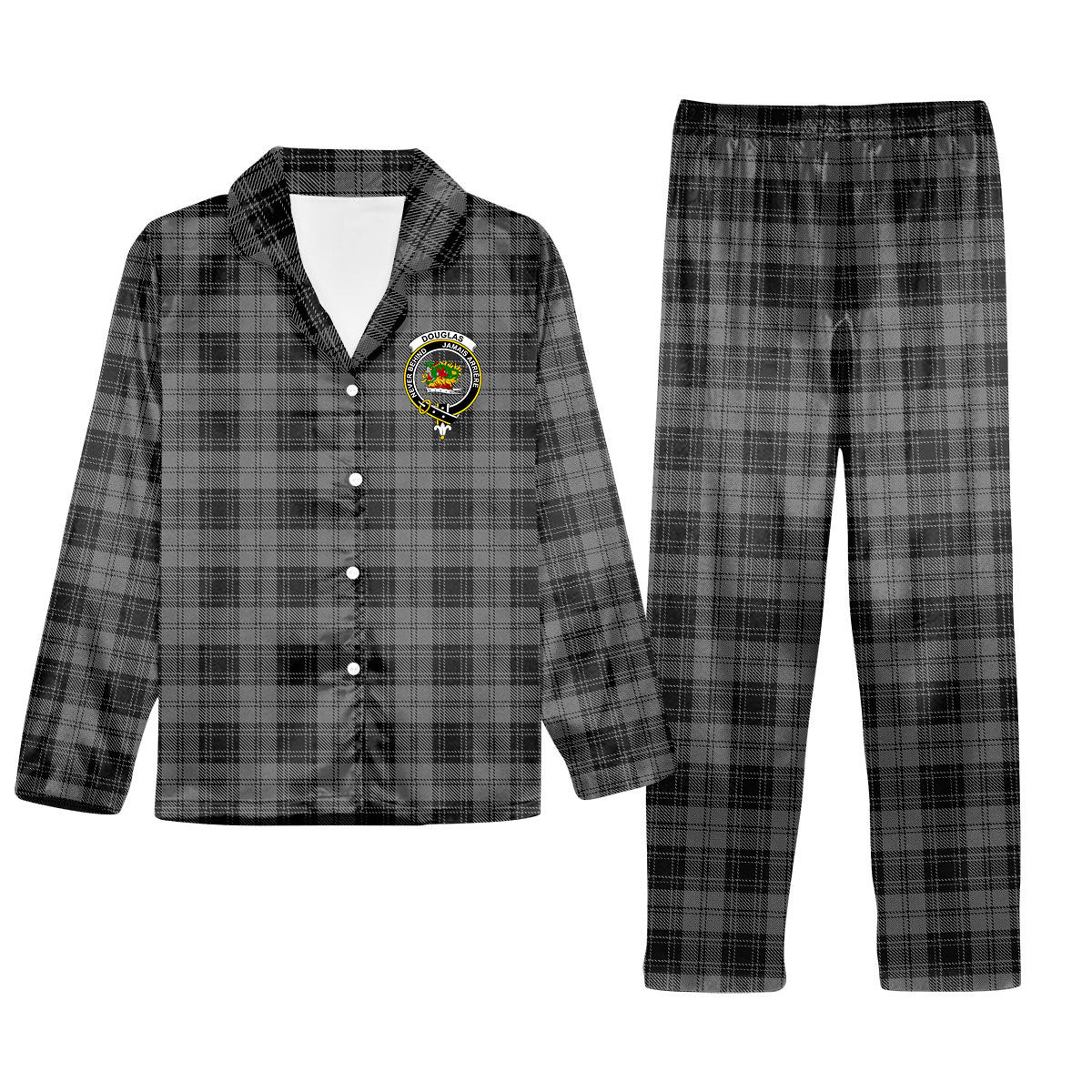 ScotsTee Shop Scottish Douglas Grey Crest Tartan Pajama Satin Velvet Flannel Pajama Set