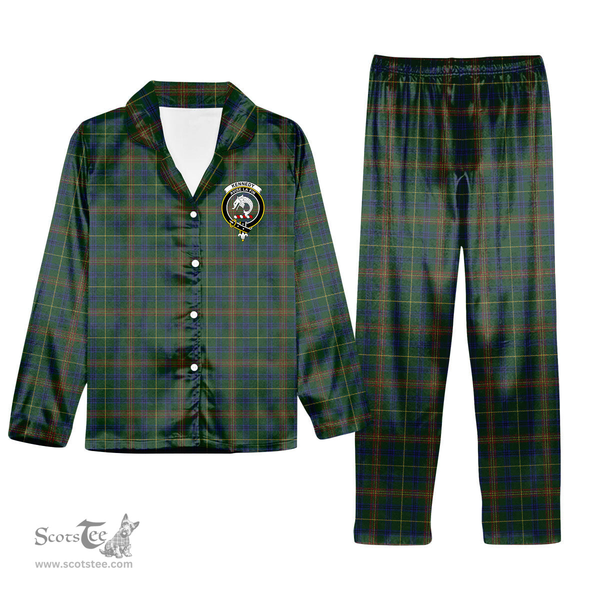 ScotsTee Shop Scottish Kennedy 2 Crest Tartan Pajama Satin Velvet Flannel Pajama Set