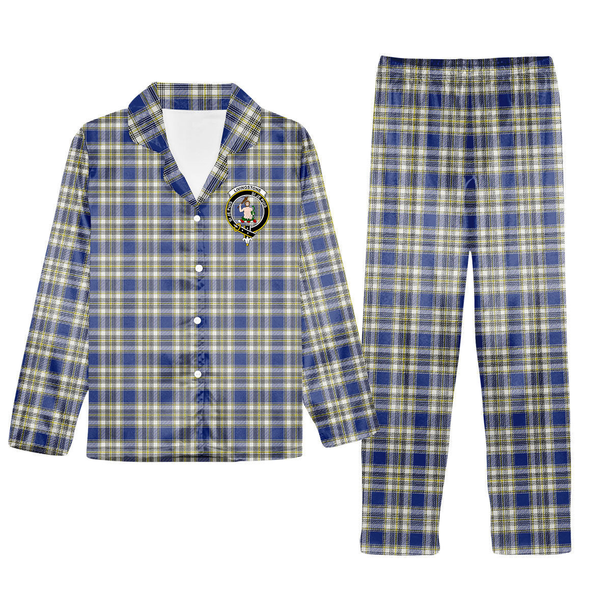 ScotsTee Shop Scottish Livingstone Dress Modern Crest Tartan Pajama Satin Velvet Flannel Pajama Set
