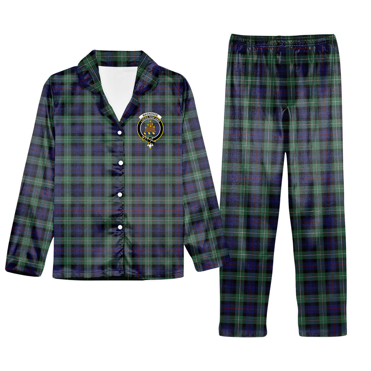 ScotsTee Shop Scottish MacKenzie Hunting Green Crest Tartan Pajama Satin Velvet Flannel Pajama Set