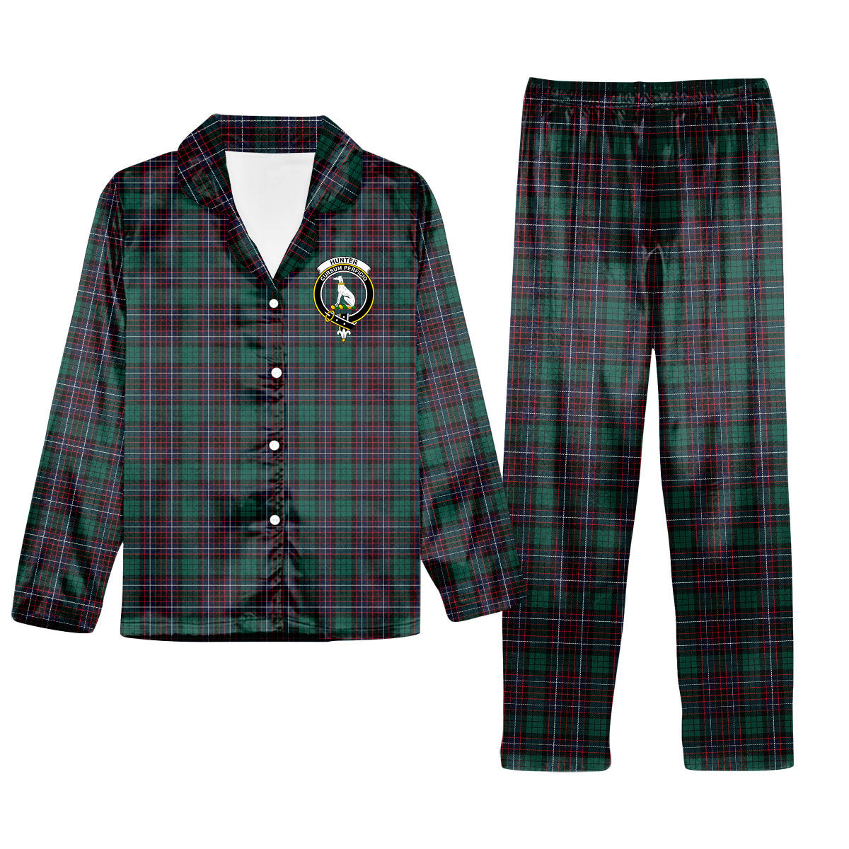 ScotsTee Shop Scottish Hunter of Peebleshire Modern Crest Tartan Pajama Satin Velvet Flannel Pajama Set
