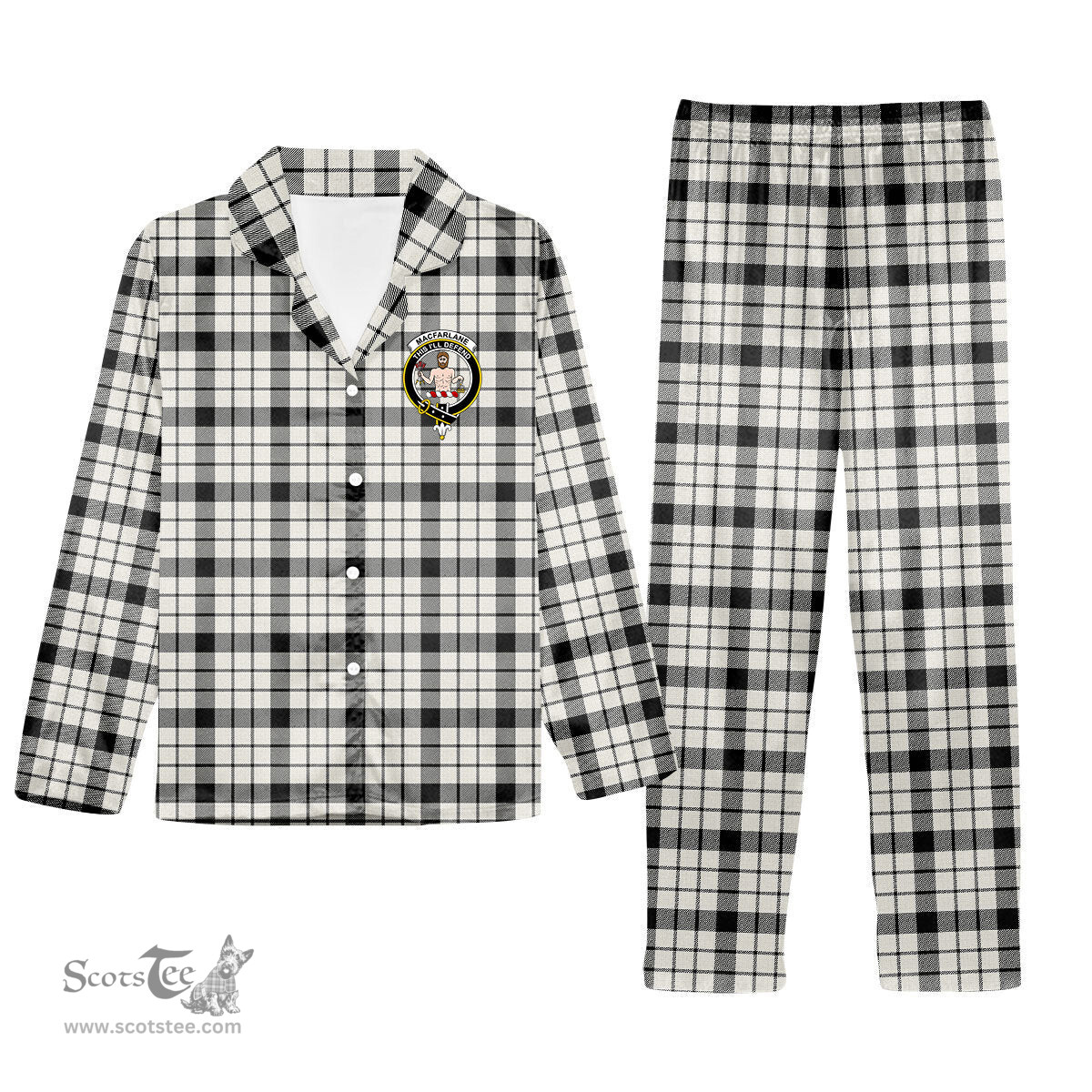 ScotsTee Shop Scottish MacFarlane Black White Modern Crest Tartan Pajama Satin Velvet Flannel Pajama Set