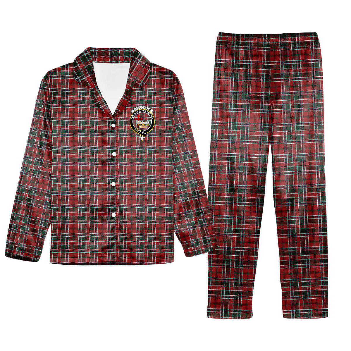 ScotsTee Shop Scottish MacDonald of Lochmaddy Crest Tartan Pajama Satin Velvet Flannel Pajama Set