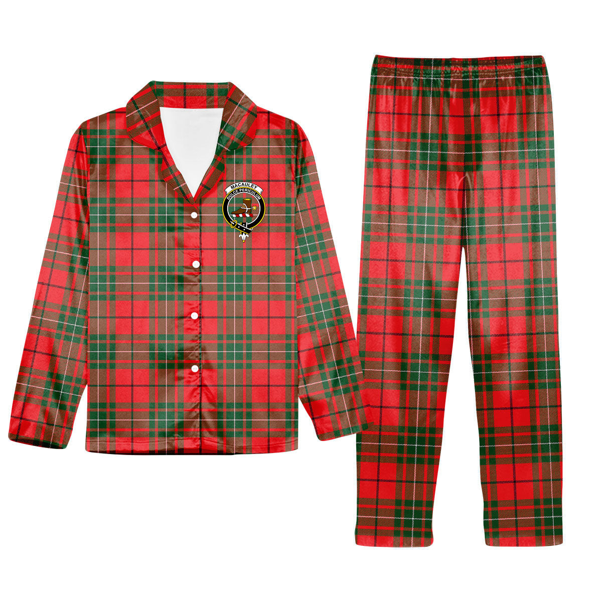 ScotsTee Shop Scottish MacAuley Modern Crest Tartan Pajama Satin Velvet Flannel Pajama Set