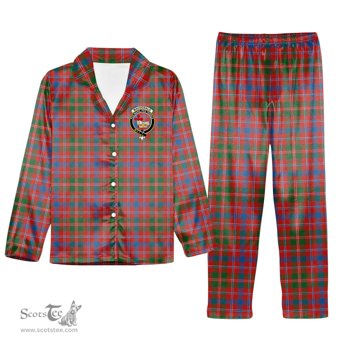 ScotsTee Shop Scottish MacDonald of Glenaladale Ancient Crest Tartan Pajama Satin Velvet Flannel Pajama Set