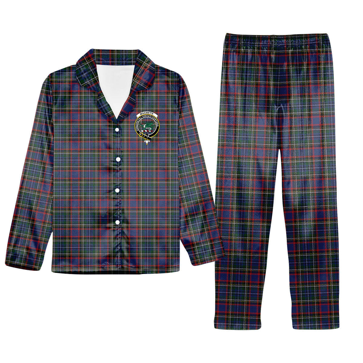 ScotsTee Shop Scottish MacBeth or MacLulich Crest Tartan Pajama Satin Velvet Flannel Pajama Set
