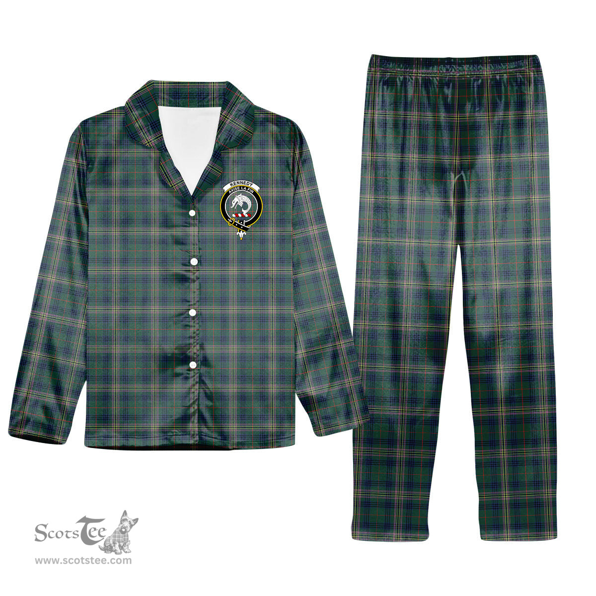 ScotsTee Shop Scottish Kennedy Modern Crest Tartan Pajama Satin Velvet Flannel Pajama Set