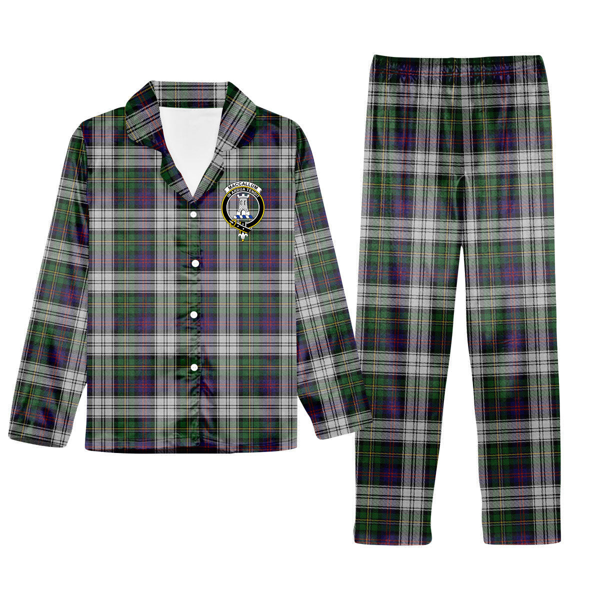 ScotsTee Shop Scottish MacCallum Dress - TD Crest Tartan Pajama Satin Velvet Flannel Pajama Set