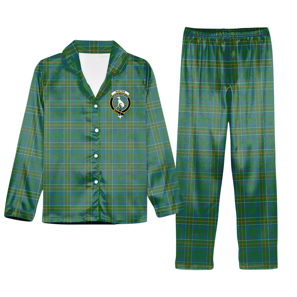 ScotsTee Shop Scottish Hunter of Hunterston Ancient Crest Tartan Pajama Satin Velvet Flannel Pajama Set