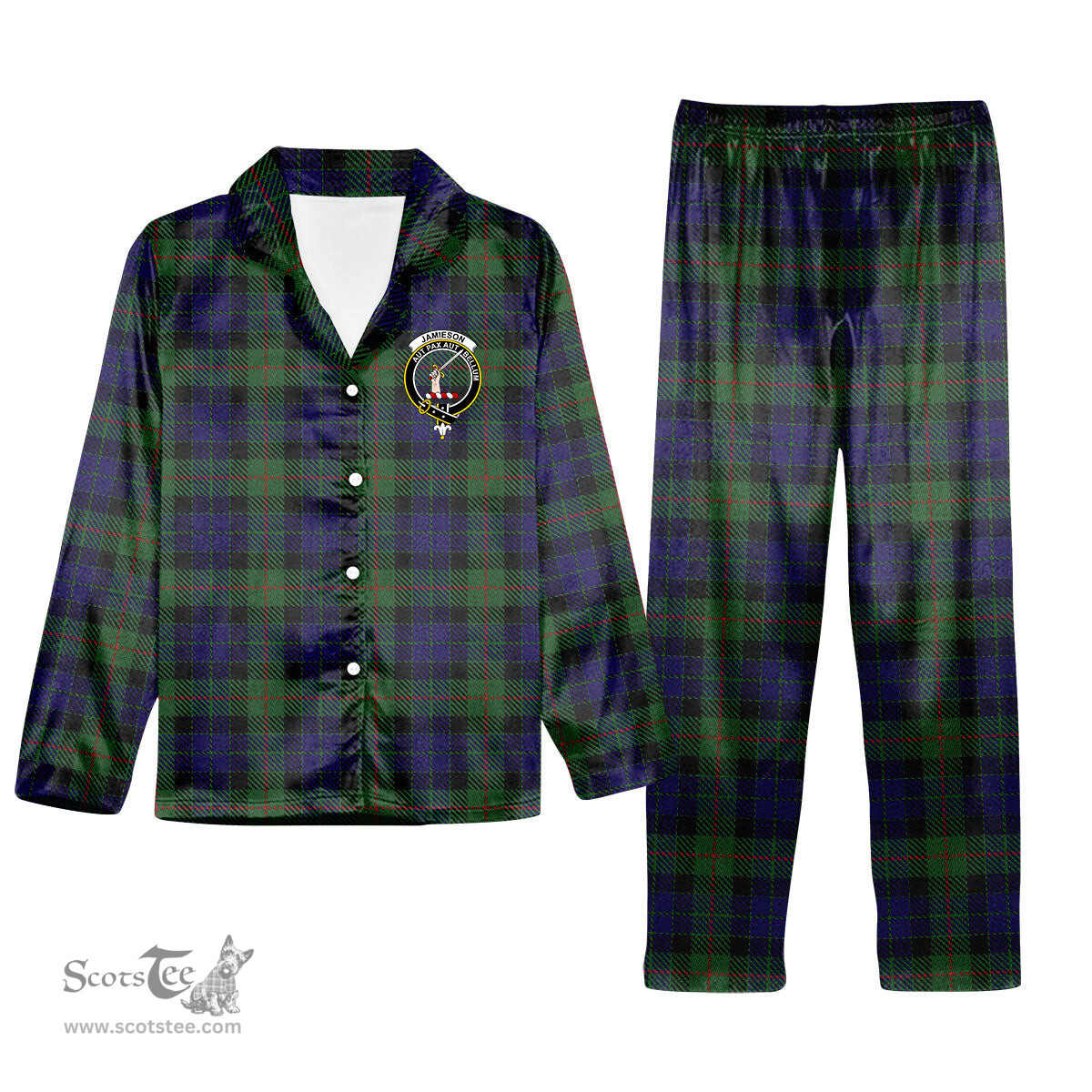 ScotsTee Shop Scottish Jamieson Crest Tartan Pajama Satin Velvet Flannel Pajama Set