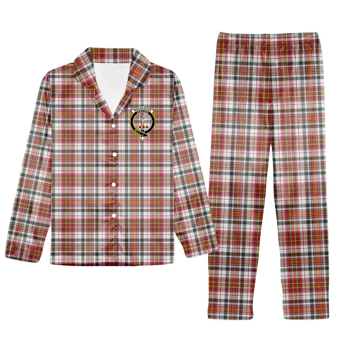 ScotsTee Shop Scottish MacAlister Dress Modern Crest Tartan Pajama Satin Velvet Flannel Pajama Set