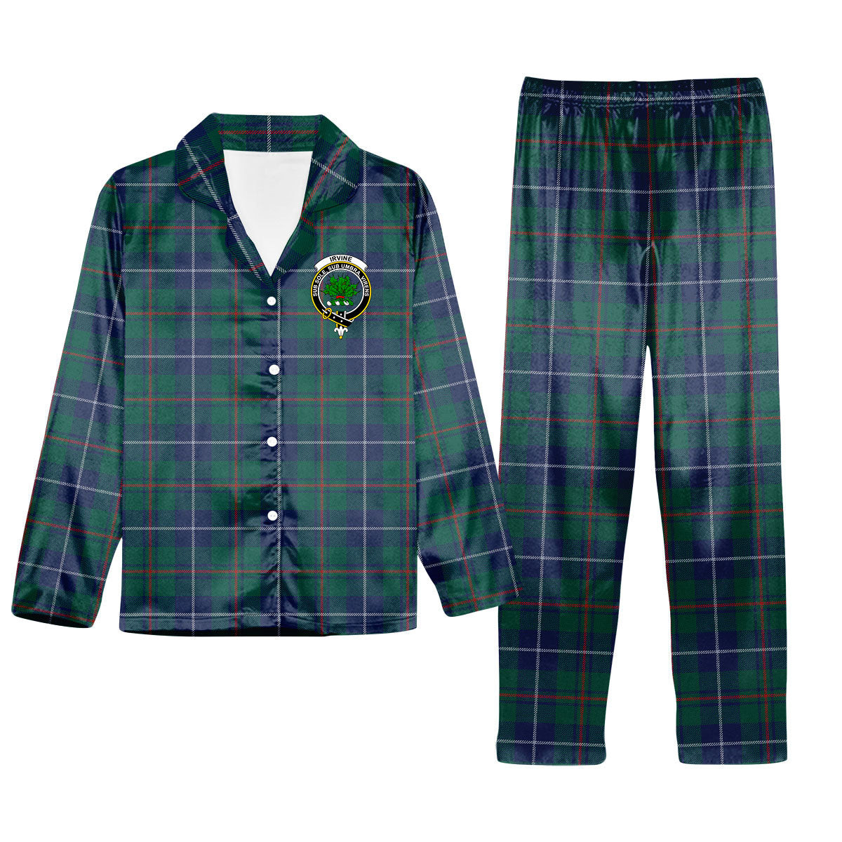 ScotsTee Shop Scottish Irvine of Bonshaw Tower Modern Crest Tartan Pajama Satin Velvet Flannel Pajama Set