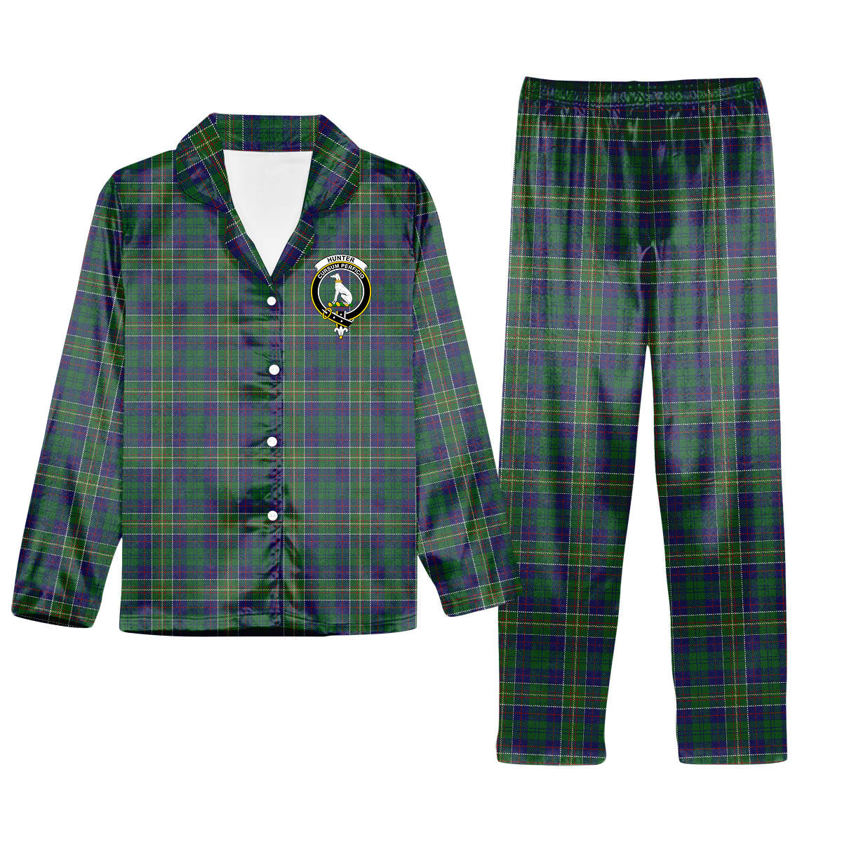 ScotsTee Shop Scottish Hunter of Hunterston Crest Tartan Pajama Satin Velvet Flannel Pajama Set