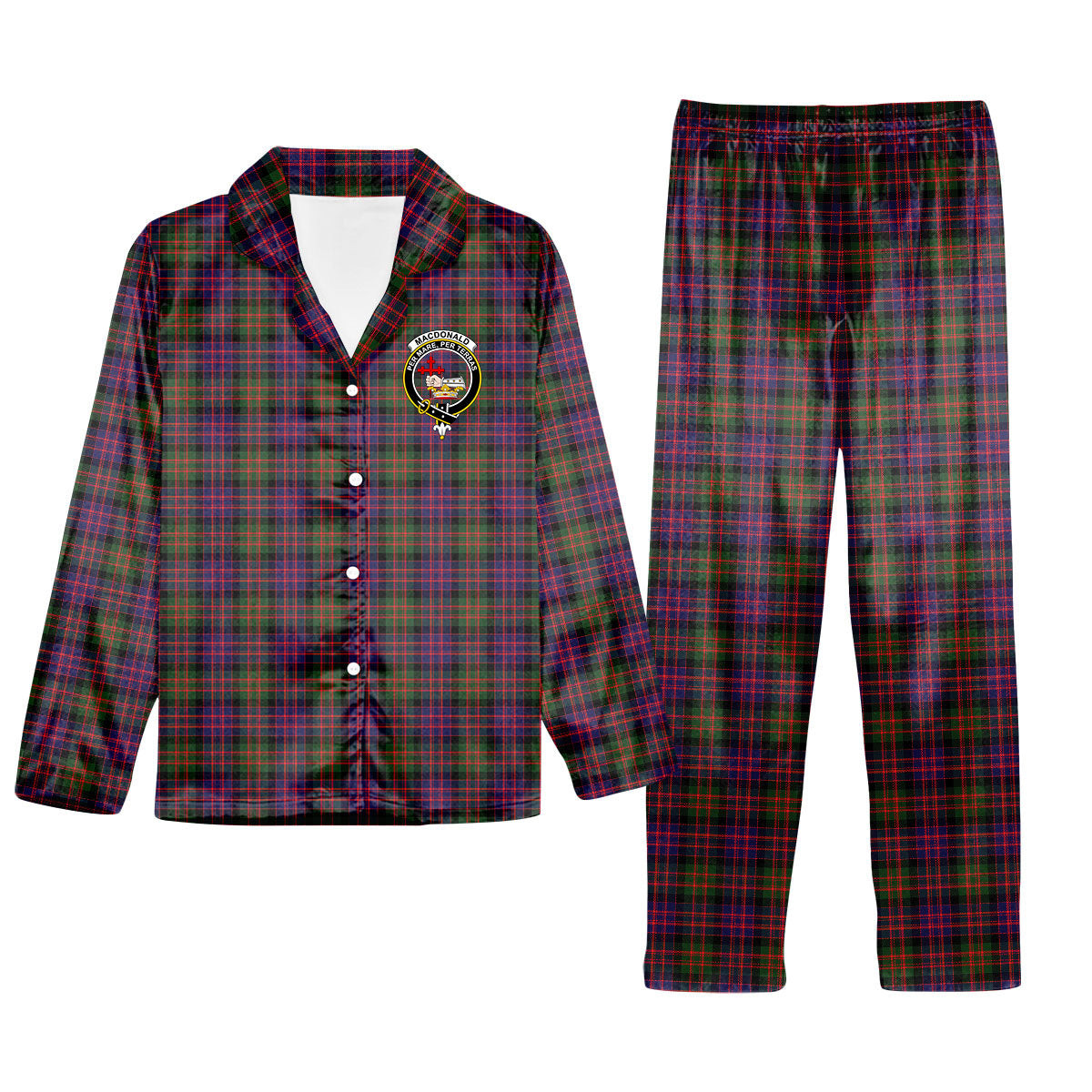 ScotsTee Shop Scottish MacDonald Modern Crest Tartan Pajama Satin Velvet Flannel Pajama Set