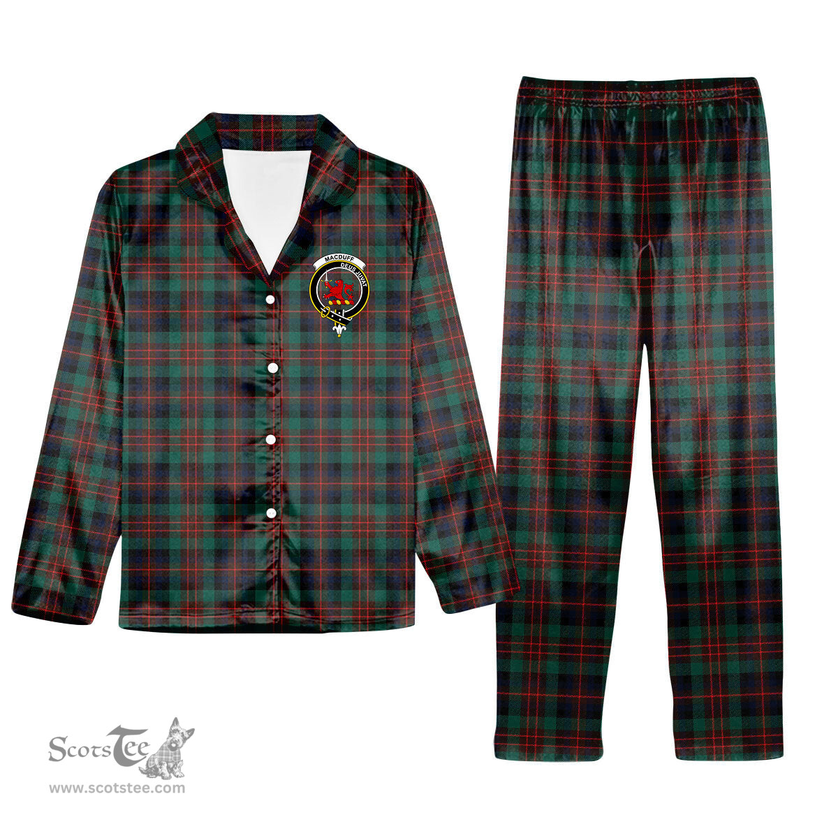ScotsTee Shop Scottish MacDuff Hunting Modern Crest Tartan Pajama Satin Velvet Flannel Pajama Set
