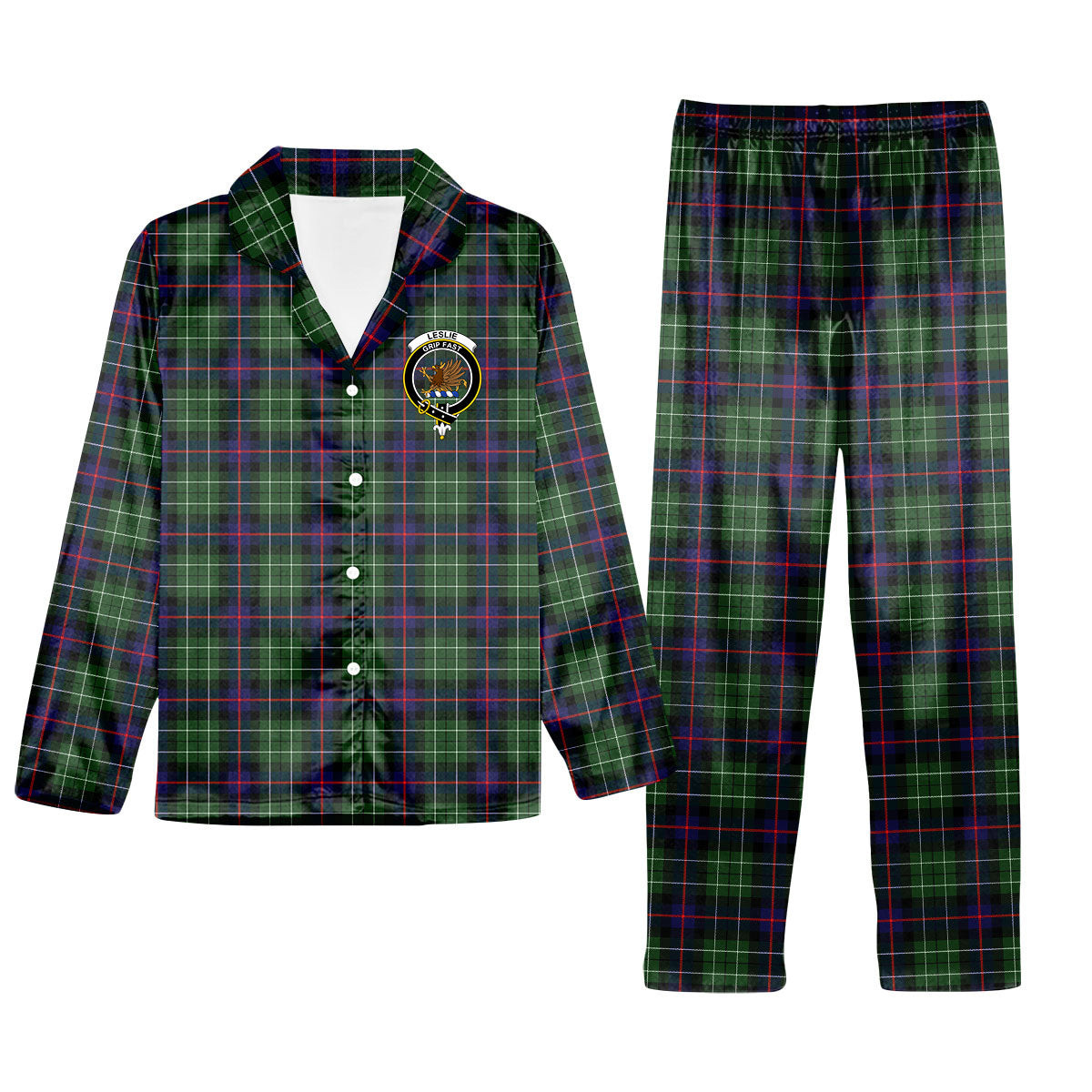 ScotsTee Shop Scottish Leslie Hunting SC Crest Tartan Pajama Satin Velvet Flannel Pajama Set