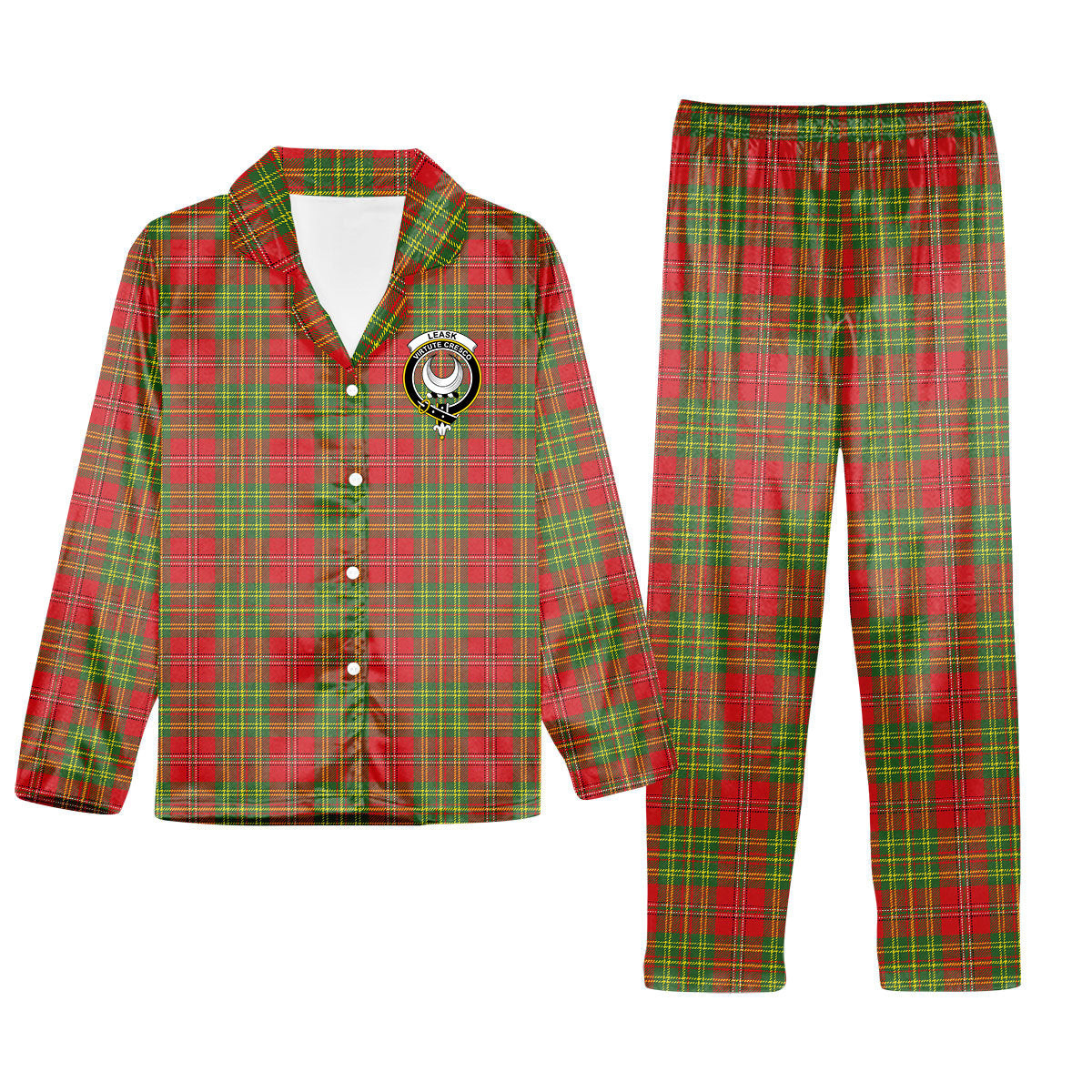 ScotsTee Shop Scottish Leask Modern Crest Tartan Pajama Satin Velvet Flannel Pajama Set