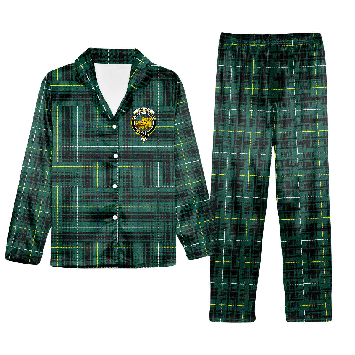 ScotsTee Shop Scottish MacIvor Hunting Modern Crest Tartan Pajama Satin Velvet Flannel Pajama Set