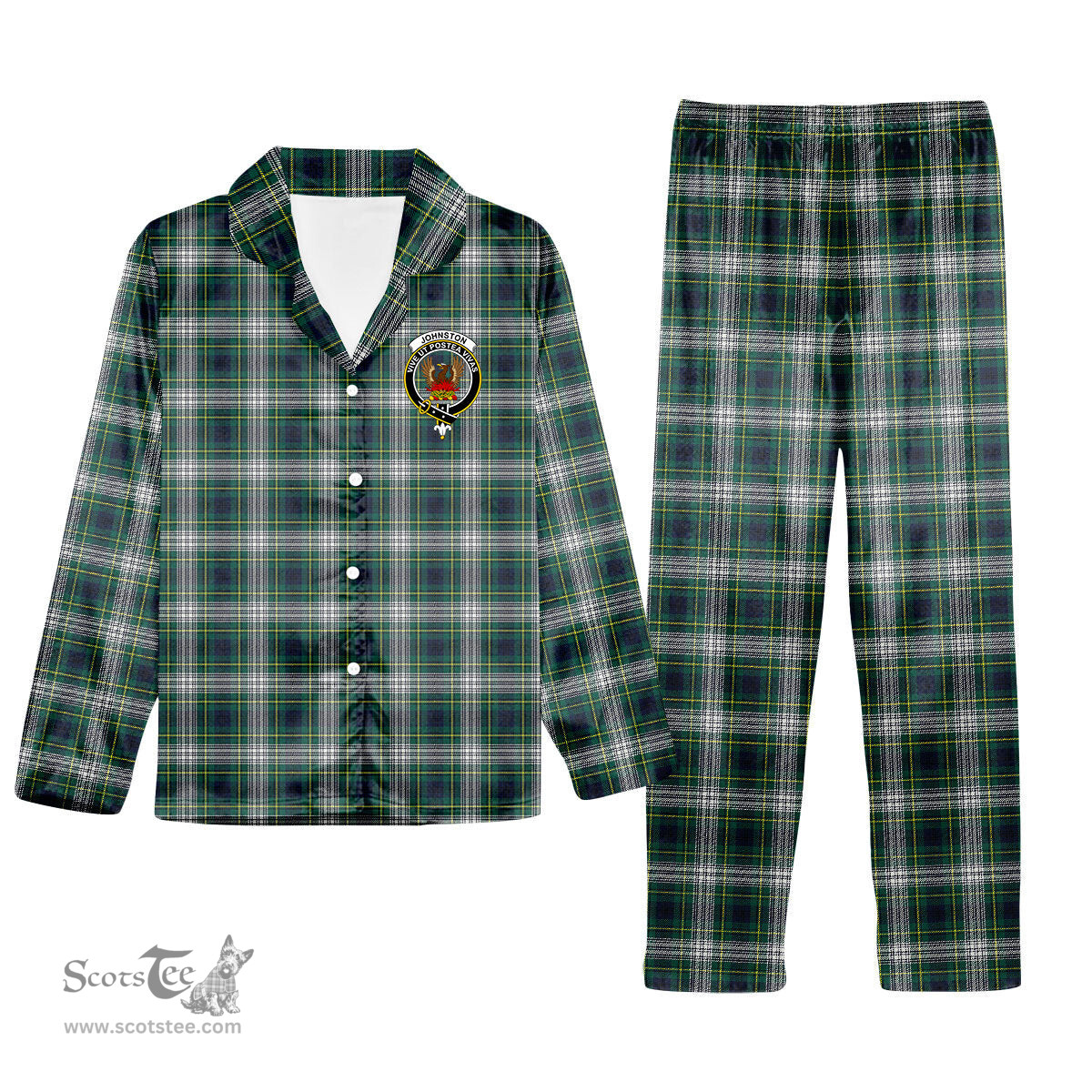 ScotsTee Shop Scottish Johnston Dress Modern Crest Tartan Pajama Satin Velvet Flannel Pajama Set