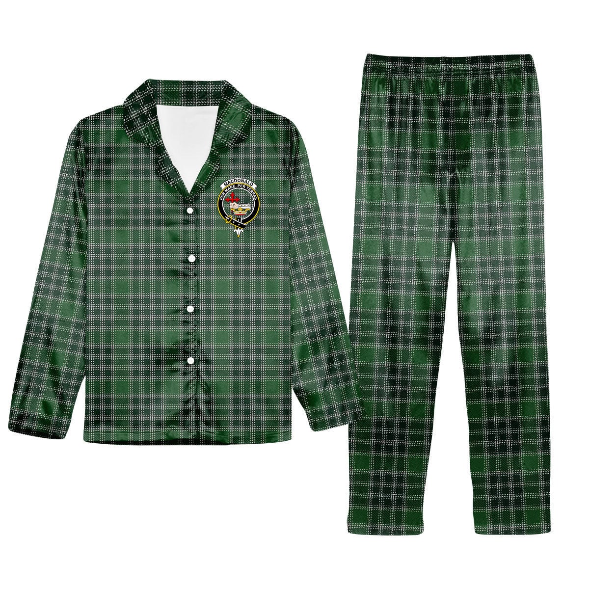 ScotsTee Shop Scottish MacDonald Lord of the Isles Hunting Crest Tartan Pajama Satin Velvet Flannel Pajama Set