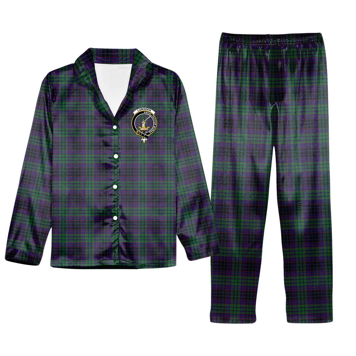 ScotsTee Shop Scottish Lumsden Green Crest Tartan Pajama Satin Velvet Flannel Pajama Set