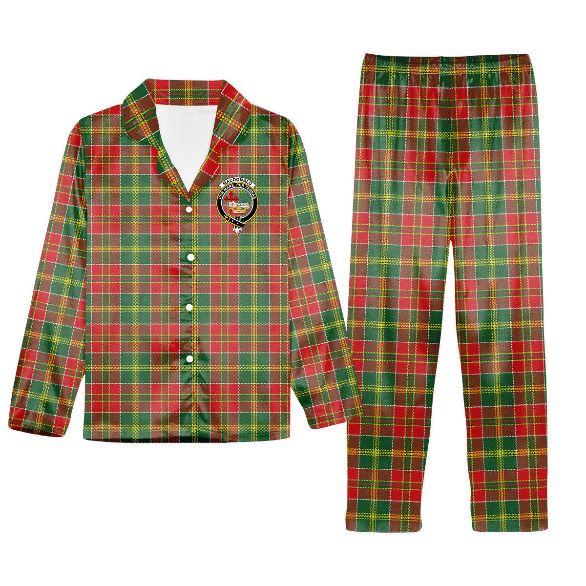 ScotsTee Shop Scottish MacDonald of Kingsburgh Modern Crest Tartan Pajama Satin Velvet Flannel Pajama Set