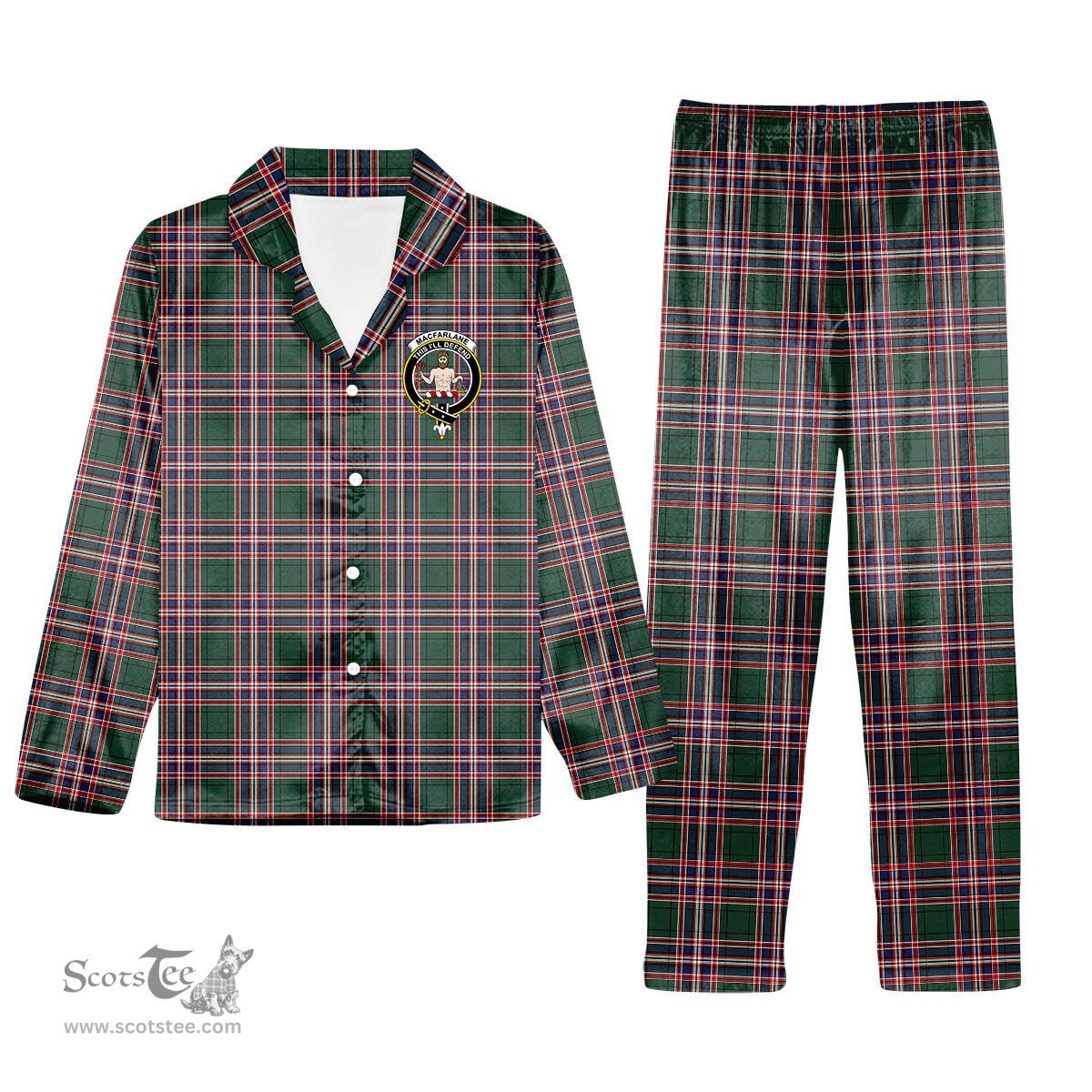 ScotsTee Shop Scottish MacFarlane Hunting Modern Crest Tartan Pajama Satin Velvet Flannel Pajama Set