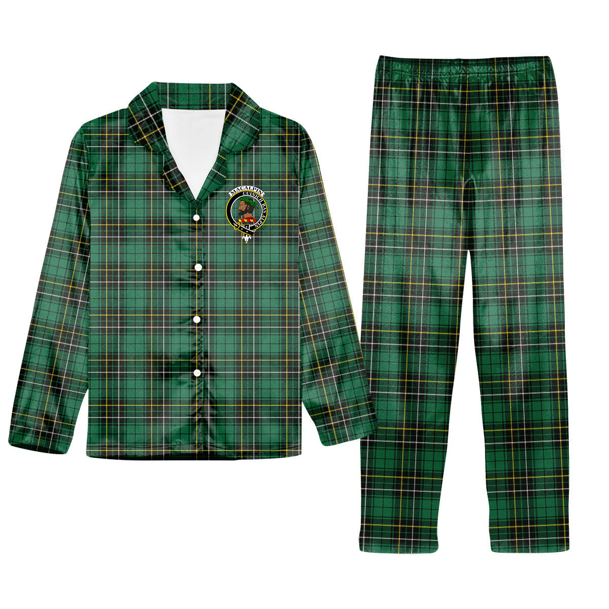 ScotsTee Shop Scottish MacAlpine Ancient Crest Tartan Pajama Satin Velvet Flannel Pajama Set