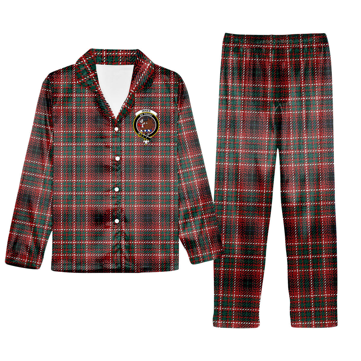 ScotsTee Shop Scottish Innes of Cowie Modern Crest Tartan Pajama Satin Velvet Flannel Pajama Set