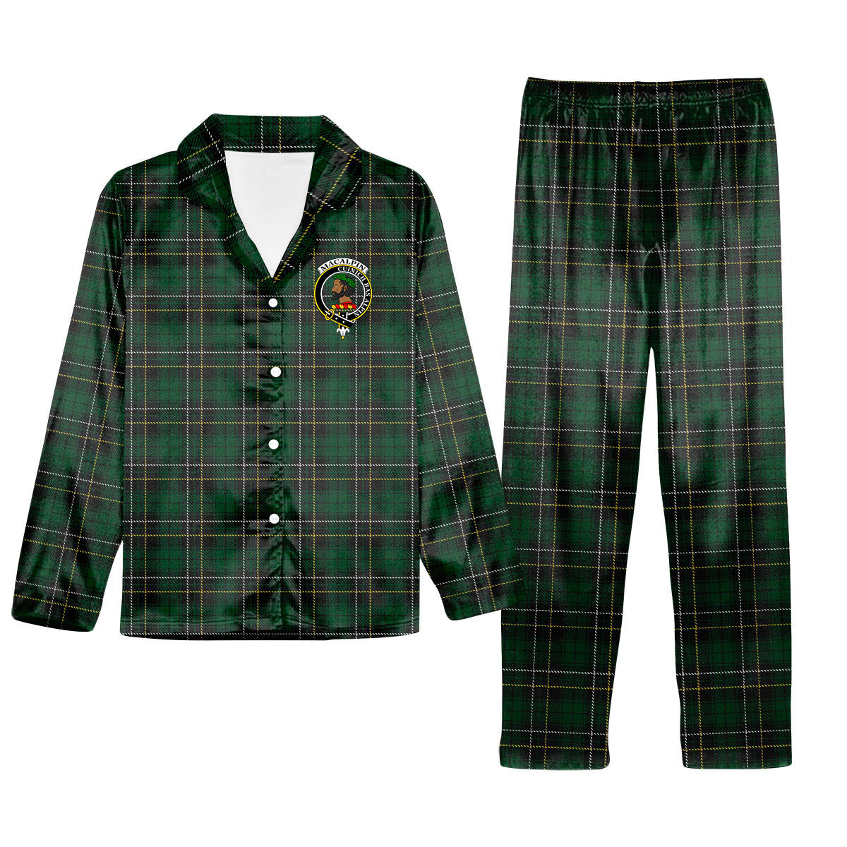 ScotsTee Shop Scottish MacAlpine Crest Tartan Pajama Satin Velvet Flannel Pajama Set