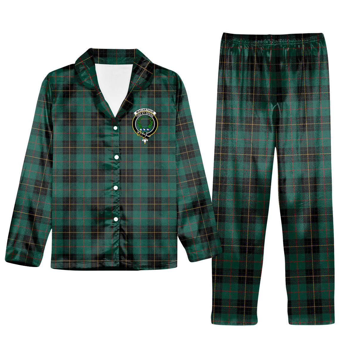 ScotsTee Shop Scottish MacArthur-Fox Hunting Modern Crest Tartan Pajama Satin Velvet Flannel Pajama Set