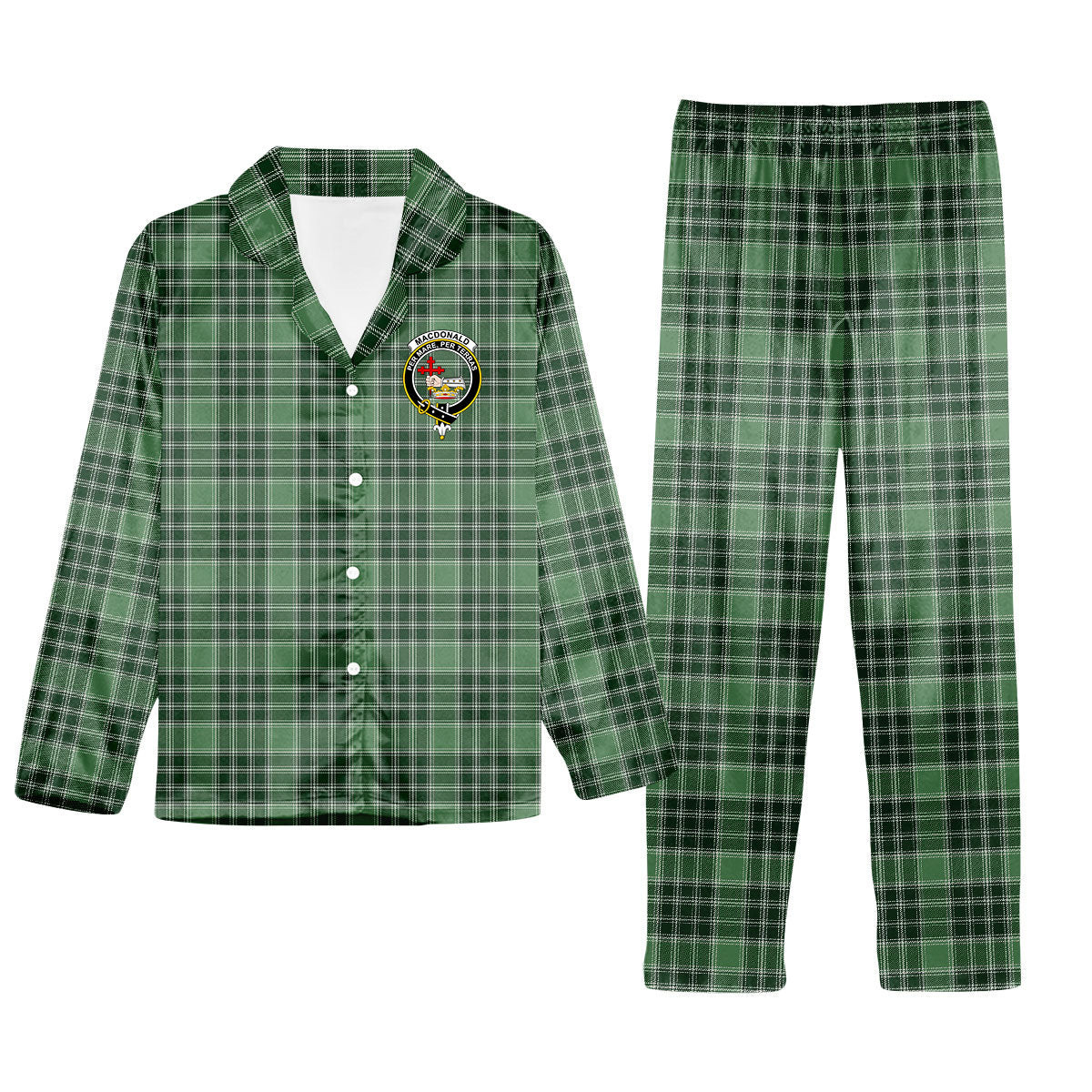 ScotsTee Shop Scottish MacDonald Lord of the Isles Hunting SC Crest Tartan Pajama Satin Velvet Flannel Pajama Set